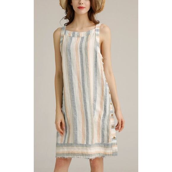 Peck & Peck Shift Dress Women Large LINEN Striped Bateau Beach Coastal Nautical - Picture 1 of 9